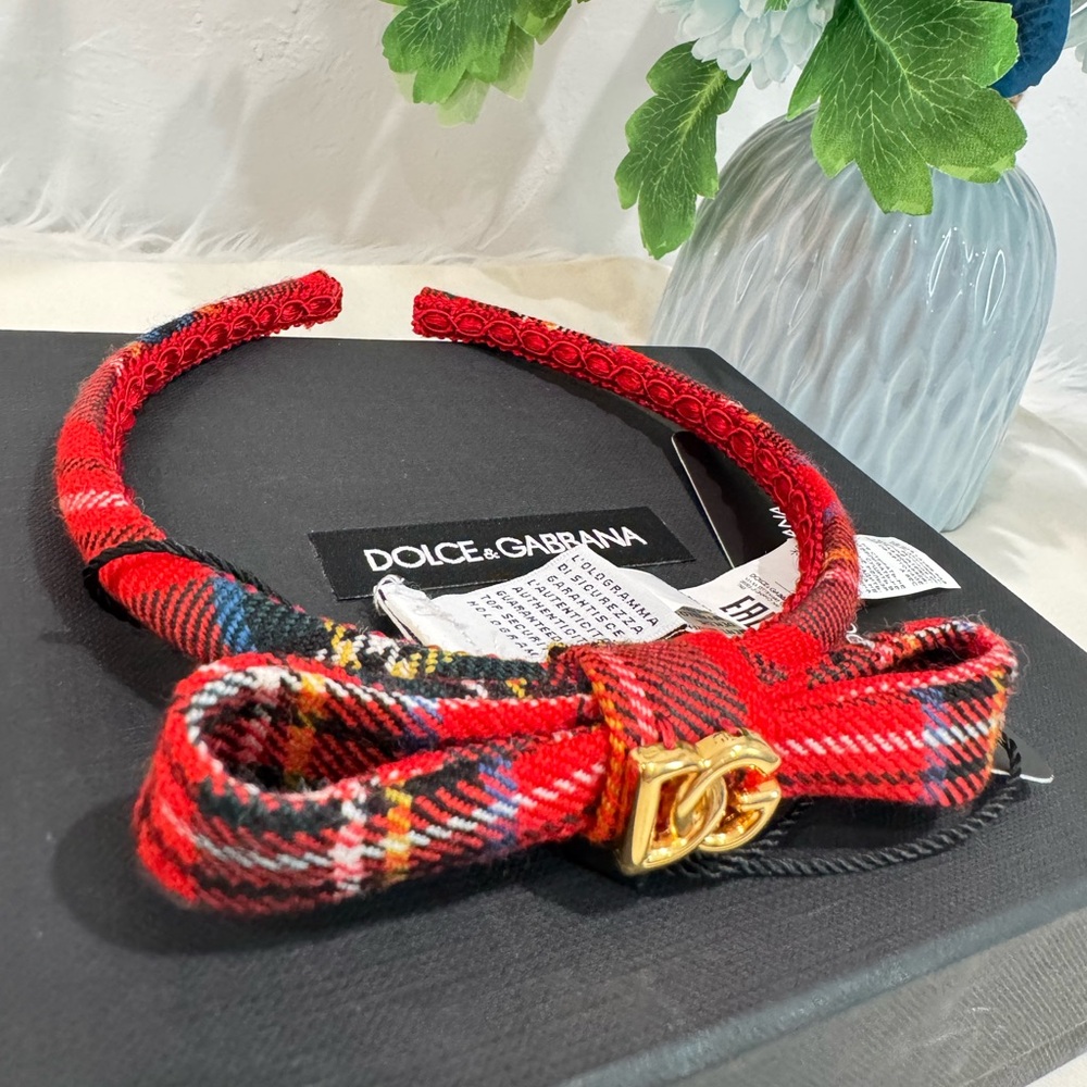 SOLD‼️NEW✨Dolce & Gabbana Red Tartan Virgin Wool Girls Hairband Headband - Picture 2 of 12